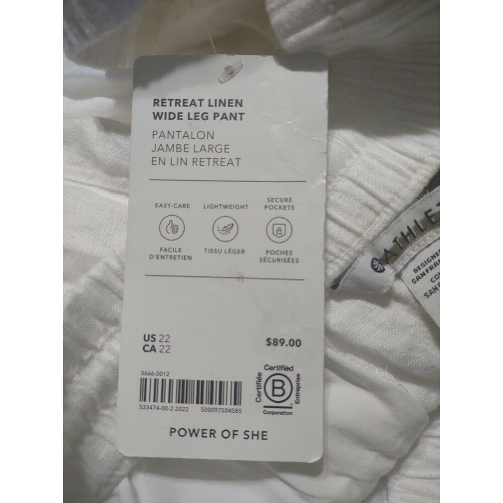 New Athleta Retreat 100% Linen Wide‎ Leg Pants White Size 22 NWT Pull On Travel - Picture 10 of 11